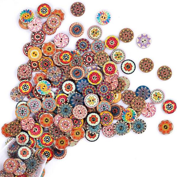 100Pcs Wooden Buttons with Floral Patterns 2 Holes Retro Buttons for Crafts Sewing DIY Handmade